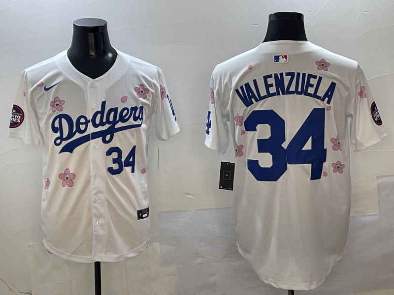 Men Los Angeles Dodgers #34 Valenzuela White Sakura Edition 2025 Nike MLB Jersey style 4